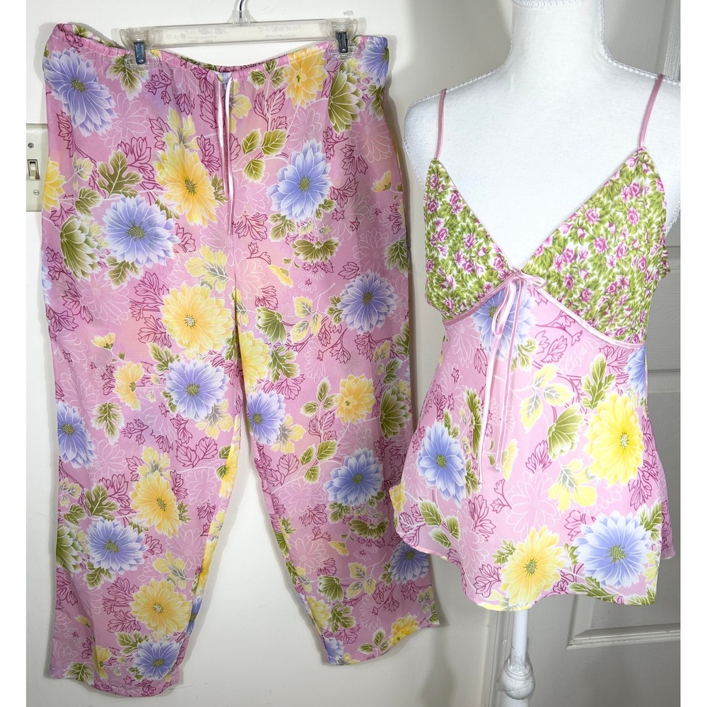 VTG Y2K Willow Blossom Pajama Set Womens M Pink Floral Camisole Pants Sheer NEW
